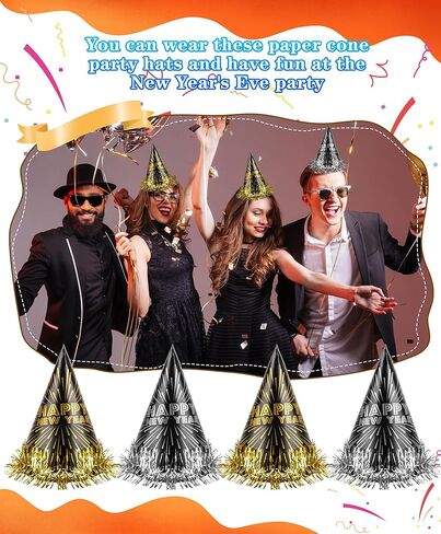 30 حزمة من قبعات حفلات رأس السنة السعيدة، قبعات حفلات مخروطية ورقية لرأس السنة الجديدة مع شرابة من رقائق معدنية لدعامة الصور وحفلات ليلة رأس السنة الجديدة in Kuwait