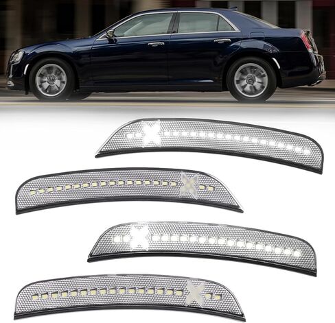 مصابيح LED للعلامات الجانبية متوافقة مع 2015-2021 Chrysler 300 w/ [X-STYLE] شعاع الضوء [في انتظار براءة اختراع]، مصابيح علامة المصد الخلفي الأمامي، ضوء أبيض، عدسة شفافة in Kuwait