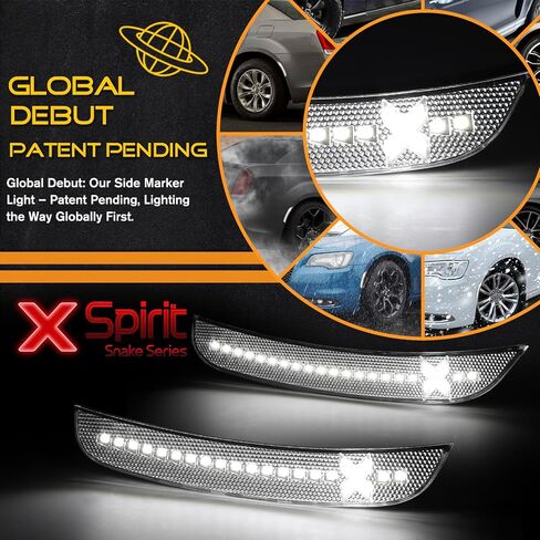 مصابيح LED للعلامات الجانبية متوافقة مع 2015-2021 Chrysler 300 w/ [X-STYLE] شعاع الضوء [في انتظار براءة اختراع]، مصابيح علامة المصد الخلفي الأمامي، ضوء أبيض، عدسة شفافة in Kuwait