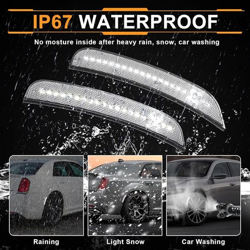 مصابيح LED للعلامات الجانبية متوافقة مع 2015-2021 Chrysler 300 w/ [X-STYLE] شعاع الضوء [في انتظار براءة اختراع]، مصابيح علامة المصد الخلفي الأمامي، ضوء أبيض، عدسة شفافة in Kuwait
