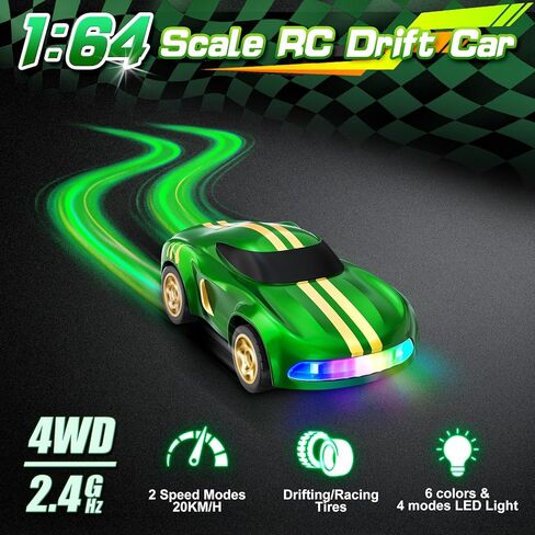 RC Drift Car, 1/64 Mini Drift RC Cars 4WD Micro Remote Control Car with LED Lights and Speed Switch, Cars Toys for Adults Kids Boys Age 6 7 8-12, Green in Saudi Arabia