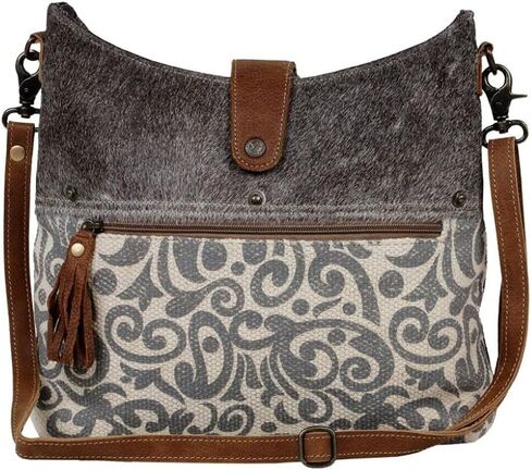 Myra Bag Top Zipper Upcycled Canvas & Cowhide Fanny Pack S-1300, Brown, Size 8.0 in Saudi Arabia