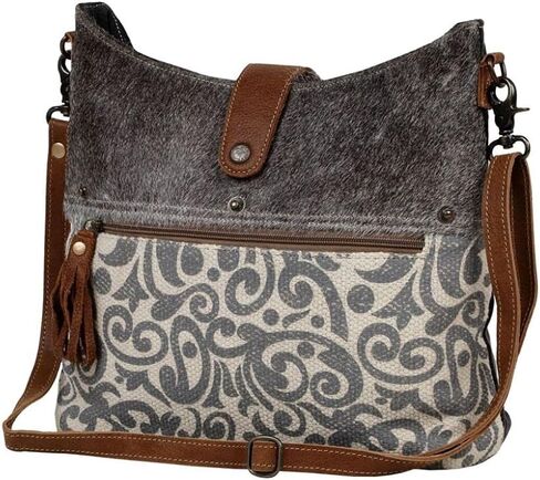 Myra Bag Top Zipper Upcycled Canvas & Cowhide Fanny Pack S-1300, Brown, Size 8.0 in Saudi Arabia