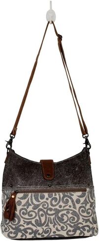 Myra Bag Top Zipper Upcycled Canvas & Cowhide Fanny Pack S-1300, Brown, Size 8.0 in Saudi Arabia