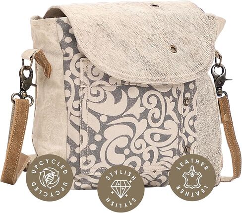 Myra Bag Top Zipper Upcycled Canvas & Cowhide Fanny Pack S-1300, Brown, Size 8.0 in Saudi Arabia