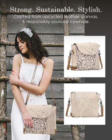 Myra Bag Top Zipper Upcycled Canvas & Cowhide Fanny Pack S-1300, Brown, Size 8.0 in Saudi Arabia