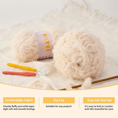 Soft Fur Yarn - Extra Fluffy Chunky Faux Eyelash Yarn for Crochet & Knitting, Cream, 50 g/1.76 oz,1 Pack in Saudi Arabia