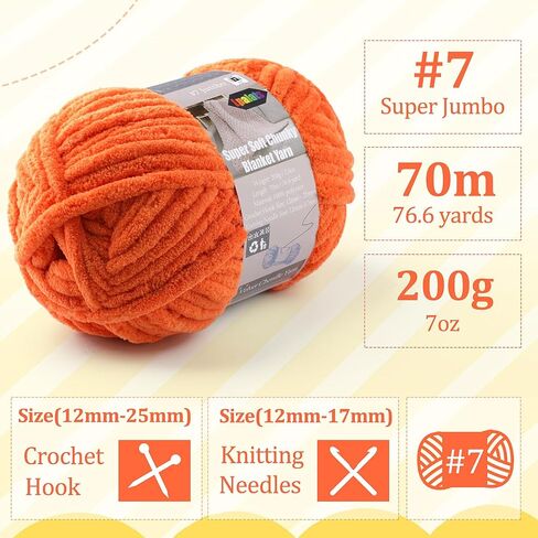 Velvet Chenille Yarn for Crocheting Super Bulky - 1 Skein of 200g/7oz - Ultra Soft Baby Blanket Chunky Plush Yarn for Knitting Amigurumi Crochet Thick Blankets (76.6 yds)(1, Orange) in Saudi Arabia
