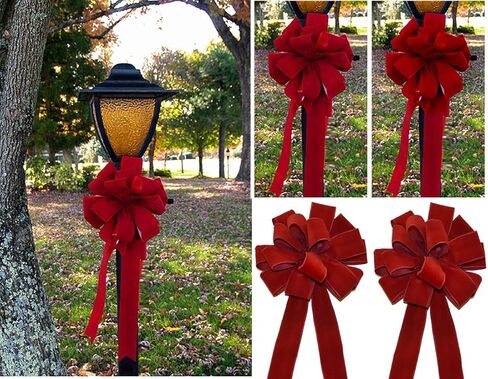 Set of 4 Wired Holiday Red Velvet Christmas Bows - 14 Loops - Outdoor Use - Lasting Color - Hand Tied in The US by Floral Designers in Saudi Arabia