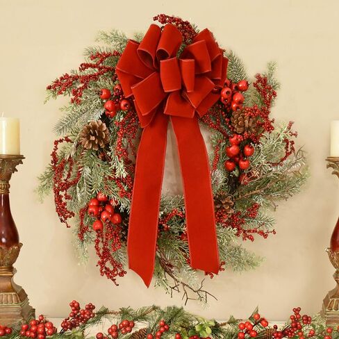 Set of 4 Wired Holiday Red Velvet Christmas Bows - 14 Loops - Outdoor Use - Lasting Color - Hand Tied in The US by Floral Designers in Saudi Arabia