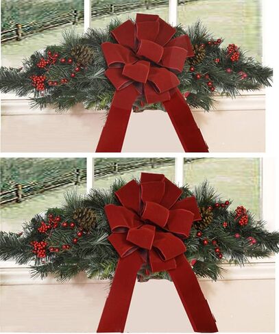 Set of 4 Wired Holiday Red Velvet Christmas Bows - 14 Loops - Outdoor Use - Lasting Color - Hand Tied in The US by Floral Designers in Saudi Arabia