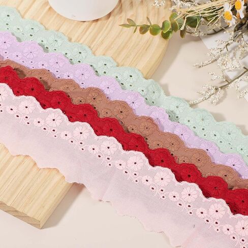 uxcell 5 Yards Eyelet Lace Trim, 2.17 Inch Wide Floral Cotton Lace Ribbon Embroidery Ruffle Ribbon Trim for Sewing Dress Apron Pillow Clothes Bag Decoration, Wine Red in Saudi Arabia