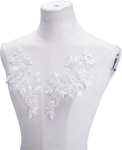 8Pcs Flower Embroidery Sequin Lace Applique White Polyester Floral Patch Sewing Craft Decoration Appliques Repair Patches for Wedding Dress Gown Bodice Costume Clothing Craft DIY in Saudi Arabia