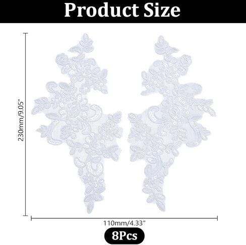 8Pcs Flower Embroidery Sequin Lace Applique White Polyester Floral Patch Sewing Craft Decoration Appliques Repair Patches for Wedding Dress Gown Bodice Costume Clothing Craft DIY in Saudi Arabia