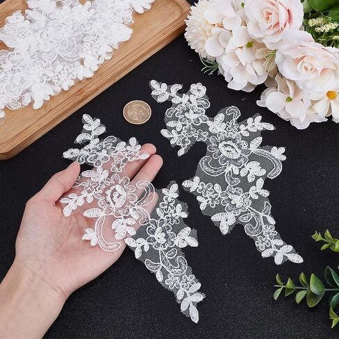 8Pcs Flower Embroidery Sequin Lace Applique White Polyester Floral Patch Sewing Craft Decoration Appliques Repair Patches for Wedding Dress Gown Bodice Costume Clothing Craft DIY in Saudi Arabia