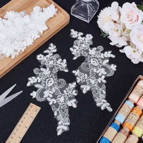 8Pcs Flower Embroidery Sequin Lace Applique White Polyester Floral Patch Sewing Craft Decoration Appliques Repair Patches for Wedding Dress Gown Bodice Costume Clothing Craft DIY in Saudi Arabia