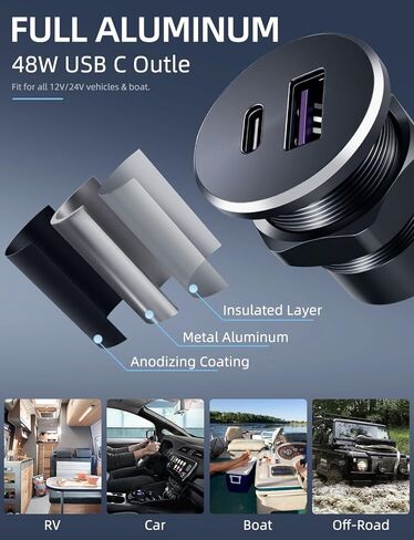 منفذ USB RV مصنوع بالكامل من الألومنيوم 12 فولت/24 فولت، 2 منافذ شحن، 36 وات PD3.0 النوع C+18 وات QC3.0 مقبس شحن سريع، شاحن سيارة مجوف بديل ولاعة السجائر لسيارة التخييم فان مقطورة قارب جولف in Kuwait