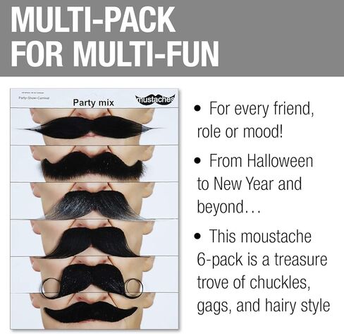 Mustaches Self Adhesive Fake Mustache Mix, Novelty, False Facial Hair Value Pack (6pcs.) in Kuwait