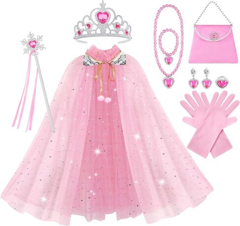 Vicloon 11PCS Princess Cape Set, Princess Dress Up Cloak With Crown, Wand, jewelry, and bag, Princess Dress Up Clothes for Little Girls, Princess Cape for 3+ Year Old Christmas Birthday Gifts(Pink) in Saudi Arabia