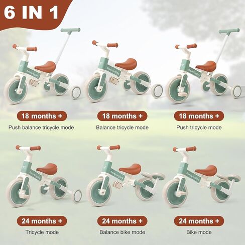 Tricycle for Toddlers 1-3 Push Handle,6 in 1 Baby Balance Bike for 2 3 4 Year Old Girls,Kids Push Bikes Toys with Removable Pedal,Toddler Trike Birthday Gifts (Green) in Saudi Arabia