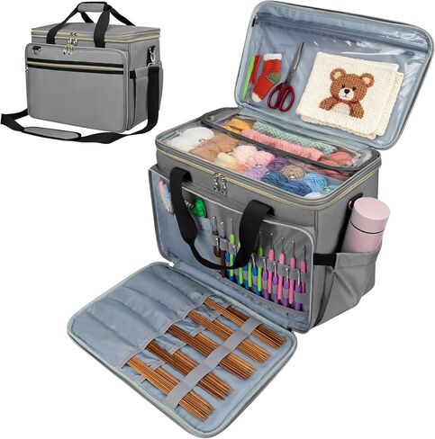 Large Crochet Bags Knitting Bags Yarns Storage Tote, Yarn Bag with Clear Top Lid, Unfinished Project Compartment, 6 Yarns Holes. Holds Knitting Needles, Crochet Hooks, Yarn, Gray, (Bag Only) in Saudi Arabia