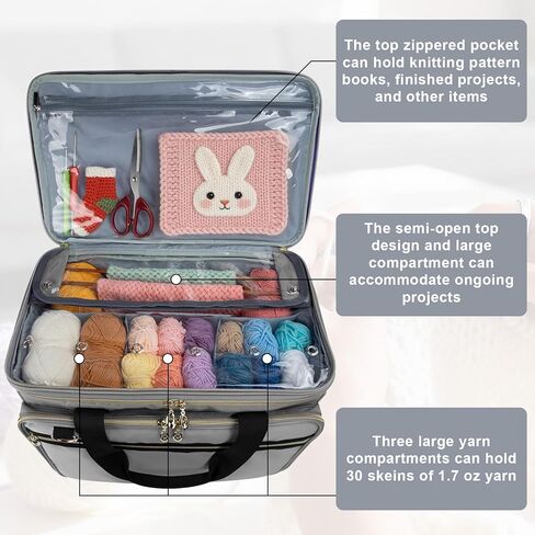 Large Crochet Bags Knitting Bags Yarns Storage Tote, Yarn Bag with Clear Top Lid, Unfinished Project Compartment, 6 Yarns Holes. Holds Knitting Needles, Crochet Hooks, Yarn, Gray, (Bag Only) in Saudi Arabia