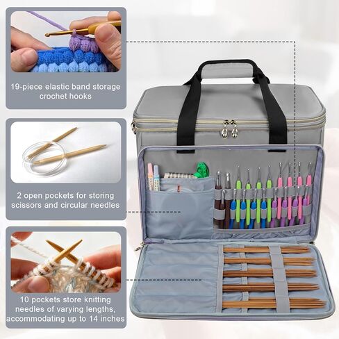 Large Crochet Bags Knitting Bags Yarns Storage Tote, Yarn Bag with Clear Top Lid, Unfinished Project Compartment, 6 Yarns Holes. Holds Knitting Needles, Crochet Hooks, Yarn, Gray, (Bag Only) in Saudi Arabia