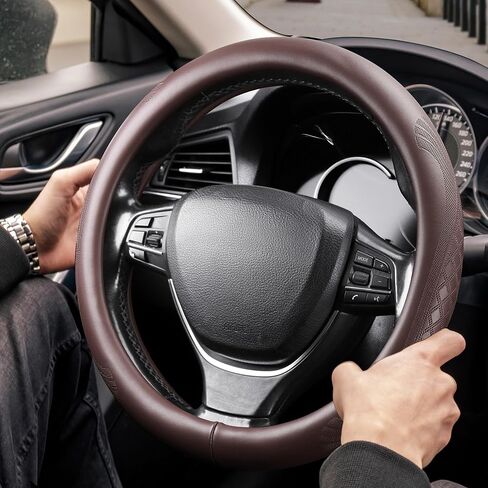 【2025 Model】 High-Grade Real Cowhide Steering Wheel Cover，Black Genuine Leather Steering Wheel Cover for Cars,Universal 15 inch Steering Wheels,Grid & Square Motif in Saudi Arabia