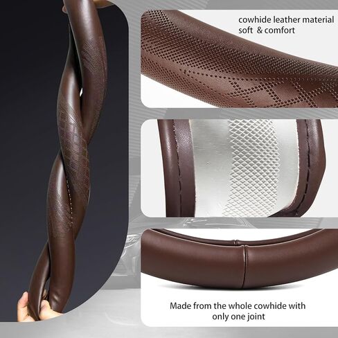 【2025 Model】 High-Grade Real Cowhide Steering Wheel Cover，Black Genuine Leather Steering Wheel Cover for Cars,Universal 15 inch Steering Wheels,Grid & Square Motif in Saudi Arabia