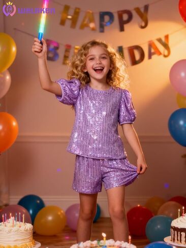 WELAKEN Girls 2 Piece Sequin Summer Outfits Kid Toddler Puff Sleeves Top and Shorts Set with Pockets in Saudi Arabia