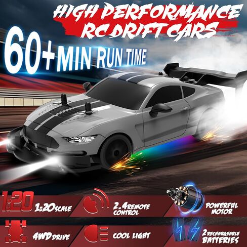 RC الانجراف سيارة 1:20 مقياس سيارات التحكم عن بعد 2.4 جيجا هرتز 4WD عالية السرعة RTR سيارة سباق مع أضواء LED 2 بطاريات قابلة للشحن وإطارات الانجراف سباق لعبة سيارة رياضية للبالغين أطفال بنين بنات in Kuwait