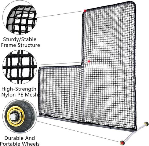 Softball Baseball Pitching L Screen Protector Net 7X7 FT Mini L Screen Baseball Net Portable for Batting Cage Indoor Outdoor Portable Baseball Softball Protective L Pitching Screen Net with 2 Wheels in Kuwait