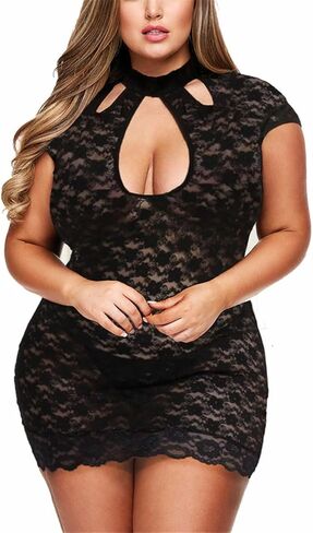 SUQQUE Plus Size Lingerie for Women Bust Keyhole Lace Babydoll Chemise Mesh Sleepwear in Saudi Arabia