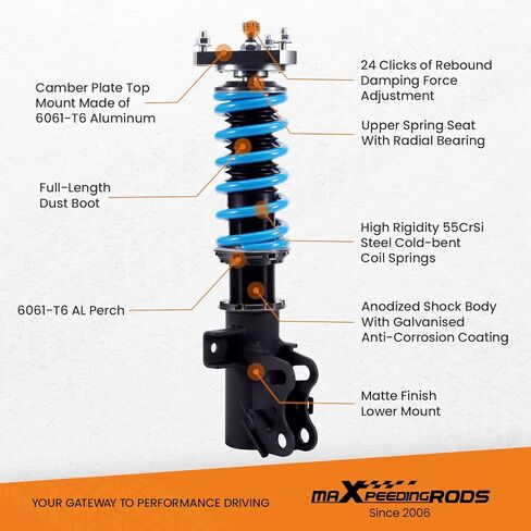 maxpeedingrods Coilover لسيارة Honda Civic Si 2014-2015، طقم تعليق كويلوفر قابل للتعديل بـ 24 مستوى، ارتفاع قابل للتعديل T6 مجموعات خفض مطورة باللون الأزرق in Saudi Arabia