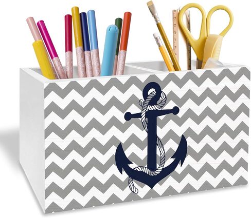 Nautical Boat Anchor Pen Holder for Desk, Coastal Beach Pencil Organizer, Vintage Grey and White Zigzag Nautical Wooden Box Sign Desk Decor for Home Office Beach House Decoration in Saudi Arabia