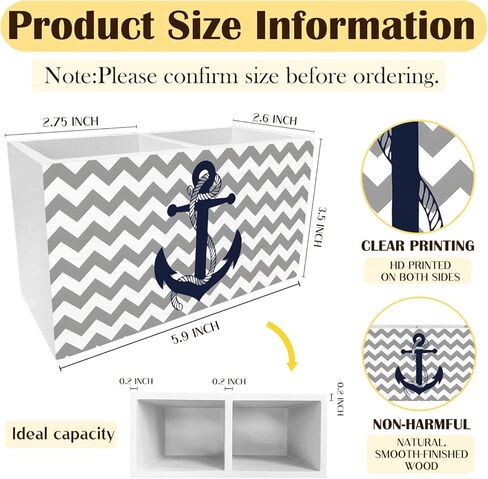 Nautical Boat Anchor Pen Holder for Desk, Coastal Beach Pencil Organizer, Vintage Grey and White Zigzag Nautical Wooden Box Sign Desk Decor for Home Office Beach House Decoration in Saudi Arabia