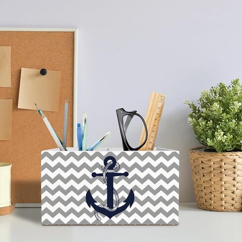 Nautical Boat Anchor Pen Holder for Desk, Coastal Beach Pencil Organizer, Vintage Grey and White Zigzag Nautical Wooden Box Sign Desk Decor for Home Office Beach House Decoration in Saudi Arabia