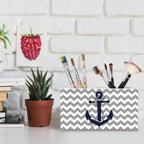Nautical Boat Anchor Pen Holder for Desk, Coastal Beach Pencil Organizer, Vintage Grey and White Zigzag Nautical Wooden Box Sign Desk Decor for Home Office Beach House Decoration in Saudi Arabia
