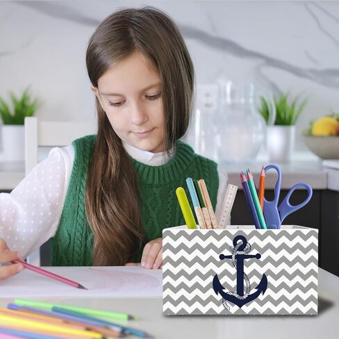Nautical Boat Anchor Pen Holder for Desk, Coastal Beach Pencil Organizer, Vintage Grey and White Zigzag Nautical Wooden Box Sign Desk Decor for Home Office Beach House Decoration in Saudi Arabia