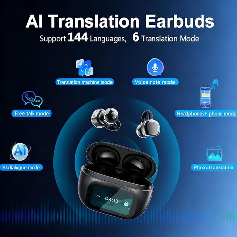 سماعات أذن للترجمة من Ai في الوقت الحقيقي 144 لغة، بلوتوث 5.4 LCD تعمل باللمس، سماعات أذن مترجمة، Audiofonos Traductores Inglés Español للسفر والأعمال والتعلم مع حقيبة الشحن in Saudi Arabia