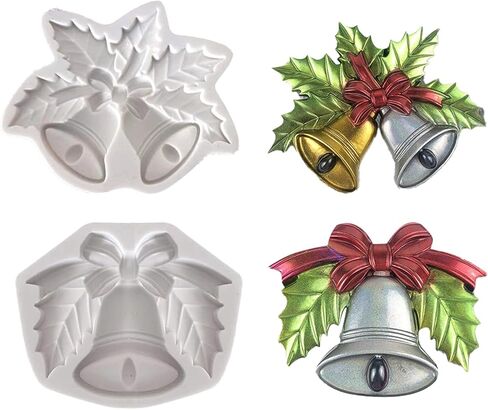 2 Pcs Christmas Bell Silicone Molds, 5D Christmas Holly Leaves and Bell Silicone Moldm, Christmas Fondant Cake Mold, for Chocolate, Clay, Christmas Tree Pendant, DIY Handmade, Home Decors in Saudi Arabia
