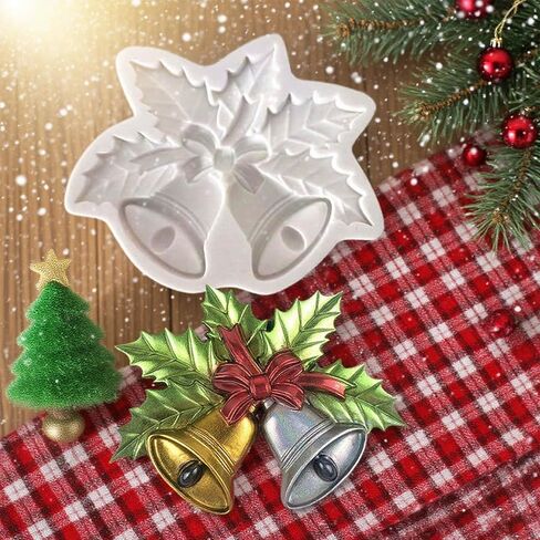2 Pcs Christmas Bell Silicone Molds, 5D Christmas Holly Leaves and Bell Silicone Moldm, Christmas Fondant Cake Mold, for Chocolate, Clay, Christmas Tree Pendant, DIY Handmade, Home Decors in Saudi Arabia