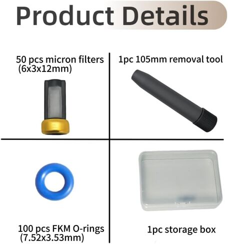 Universal Fuel Injector Repair Seal Kit - 100Pcs FKM O-Rings (7.52x3.53mm) + 50Pcs Micron Filters (6x3x12mm) + 1Pc 105mm Removal Tool with Box, Fit IWP043 IWP063 IWP069 0280158233 0280158091 in Kuwait