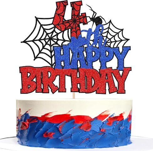1 PCS Happy 4th Birthday Cake Topper Glitter Spider Web Cheers to 4 Years Four Birthday Cake Pick Superhero Spider Party Decorations for Boys Girls Happy 4th Birthday Party Cake Decorations Supplies in Saudi Arabia