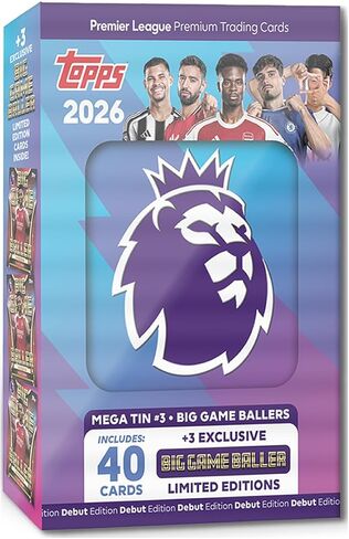 Topps Premier League 2026 - الإصدار الأول - Mega Tin (Big Game Baller). تحتوي على 40 بطاقة بالإضافة إلى 3 بطاقات Baller LE الكبيرة. in Saudi Arabia