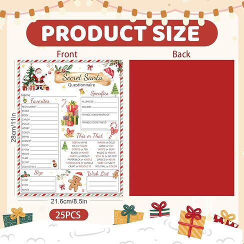 25pcs Secret Santa Questionnaire Forms Christmas List Ideas Fill In The Blank Cards for Xmas Family Friends Gift Exchange Game Party Activities (Watercolor) in Saudi Arabia