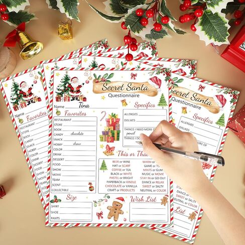 25pcs Secret Santa Questionnaire Forms Christmas List Ideas Fill In The Blank Cards for Xmas Family Friends Gift Exchange Game Party Activities (Watercolor) in Saudi Arabia