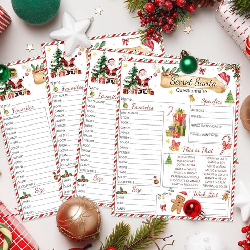 25pcs Secret Santa Questionnaire Forms Christmas List Ideas Fill In The Blank Cards for Xmas Family Friends Gift Exchange Game Party Activities (Watercolor) in Saudi Arabia