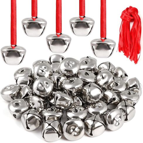 2 Inch Silver Large Jingle Bells Bulk-20 Pcs Large Metal Craft Bells and Red Ribbon for Christmas Party Festival Decoration and Wedding Ornament in Saudi Arabia