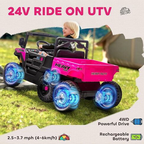 Qaba 24V Kids Ride On Car with 6 Wheels, 4WD Electric Ride On Dump Truck with Remote Control, Wheel Suspension, Off-Road UTV with LED Lights, Horn and Music for Kids 3-8 Years Old, Green in Saudi Arabia